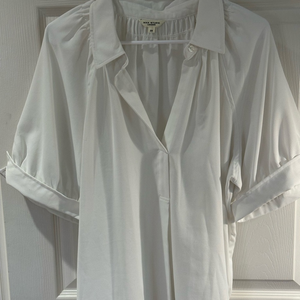 Max Studio White Button Down Shirt with Cuffed Sleeves and Notched Collar